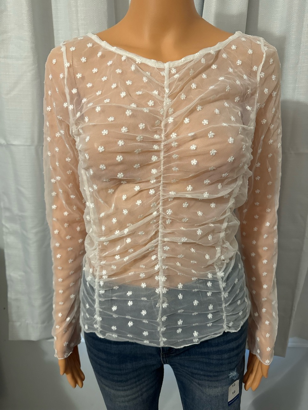Pretty Free People Intimately size S white mesh sheer embroidered long sleeve